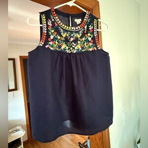 J. Crew Navy Top with Colorful Embroidery